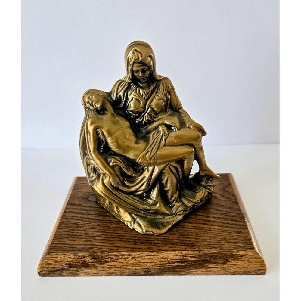Vintage 3D Brass La Pietà by Michelangelo On Wood Base - Unmarked - EUC